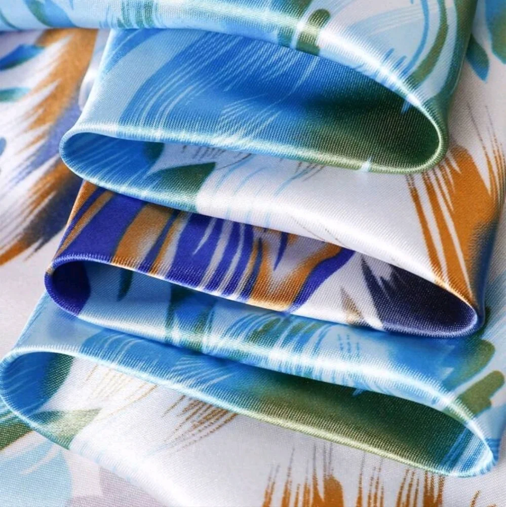 Oversized Square Blue Floral Satin Scarf Head Neck Hair boho Tropical Wrap 💖